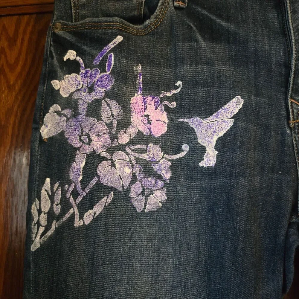 HANDCRAFTED Upcycled Denim Jeans HANDPAINTED Floral Boho Casual Bottoms Size 10
